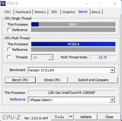 Performance of the Core i9-12900K under CPU-Z