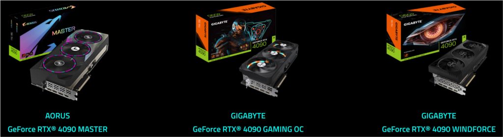 Cartes graphiques Aorus GeForce RTX 4090 Master et Gigabyte GeForce RTX 4090 Gaming OC et WindForce