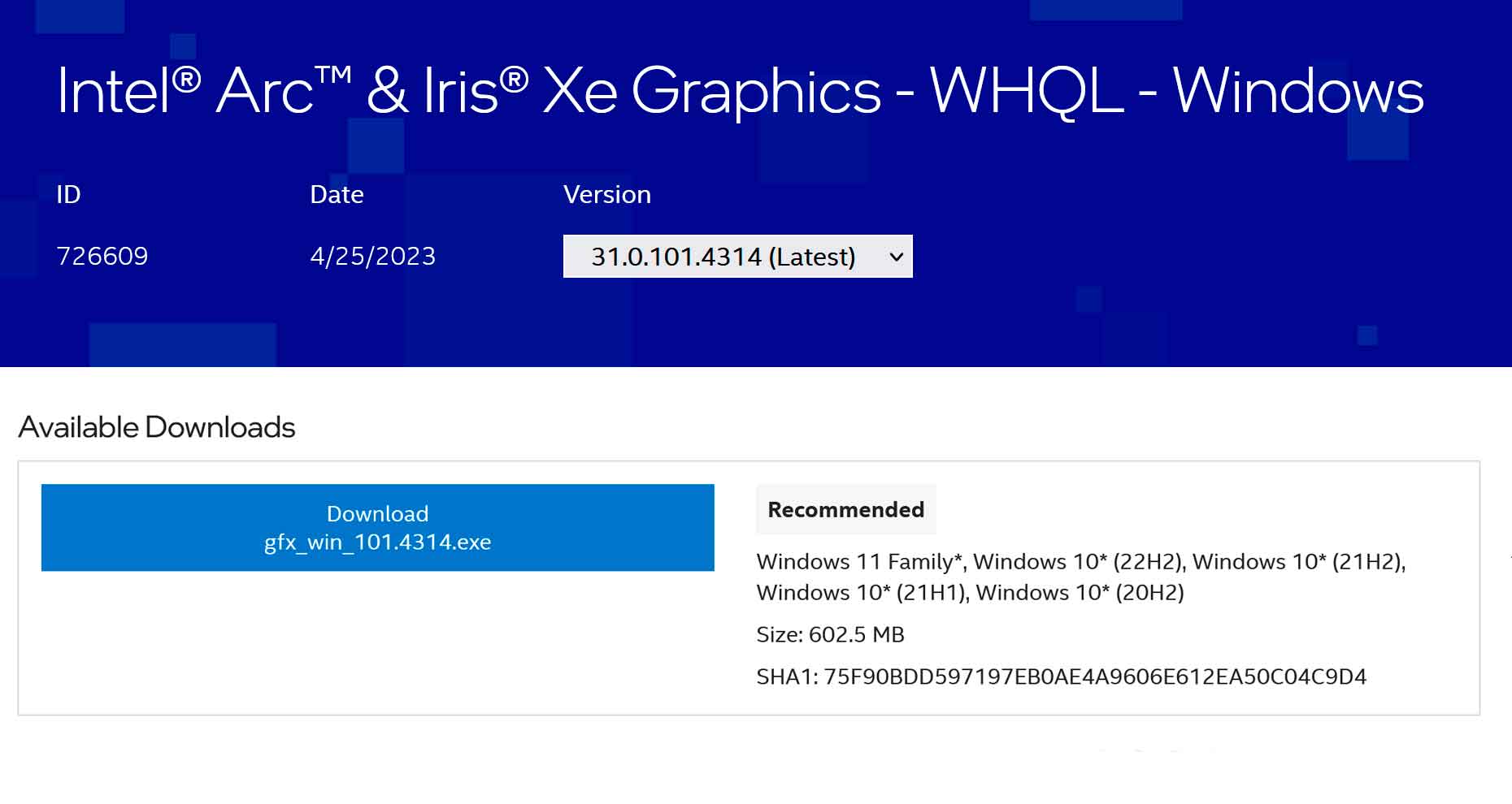 Drivers graphiques Intel Arc & Iris Xe Graphics 31.0.101.4314 WHQL