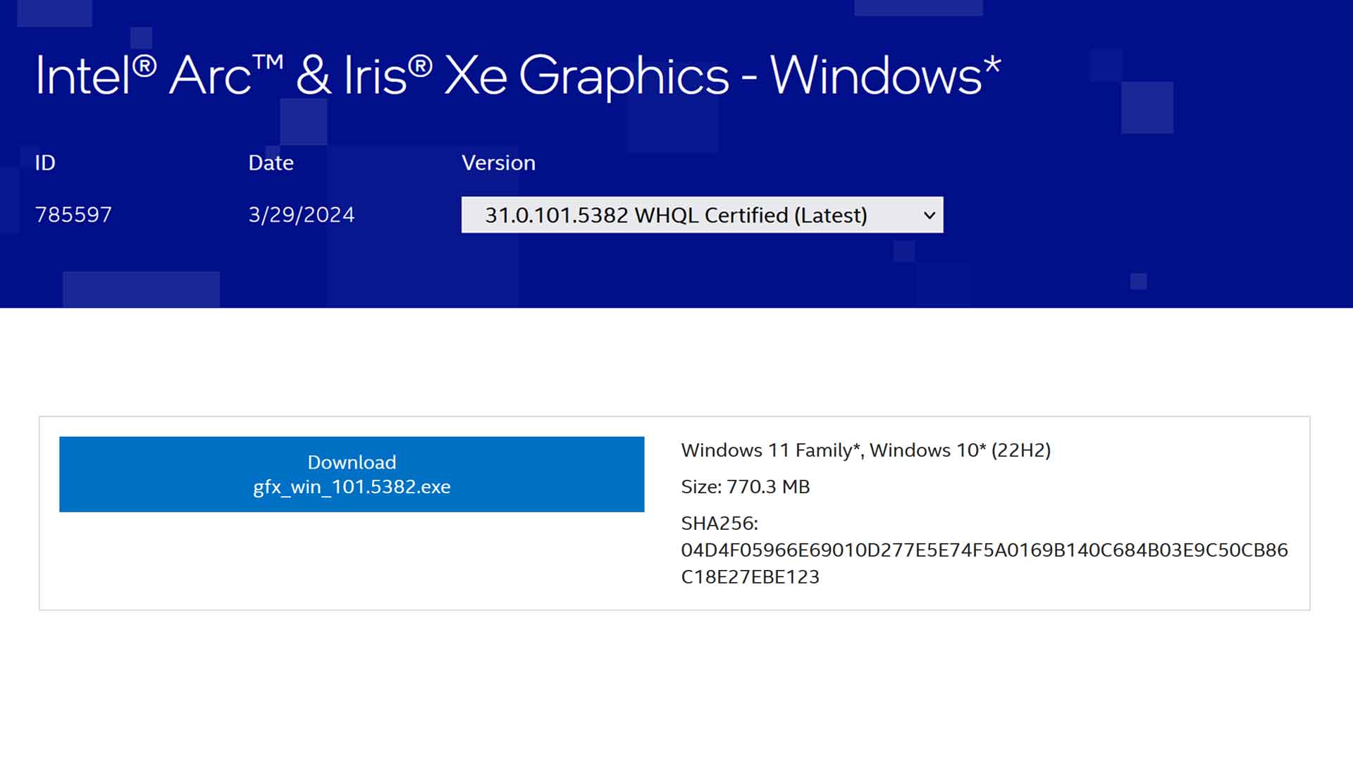 Pilotes graphiques Intel Graphics Driver 31.0.101.5382 (WHQL Certified)